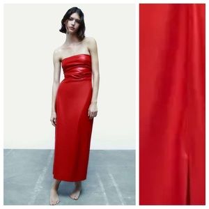 NWOT. Zara Red Faux Leather Off-the-Shoulder Midi Dress. Size S.